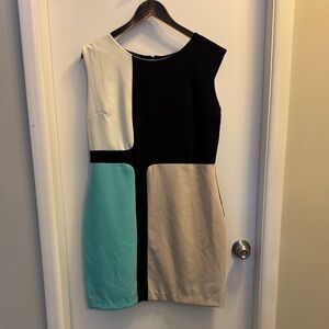 Colorblock Sleeveless Sheath Dress in Black, Cream, Aqua, and Tan